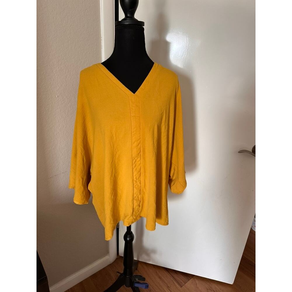Mustard Yellow V-Neck Oversized Blouse | Dolman Sleeve Relaxed Fit Top Size XL